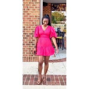 Japna Pink V Neck Puff Sleeve Smocked Waist Tiered Mini Dress XS